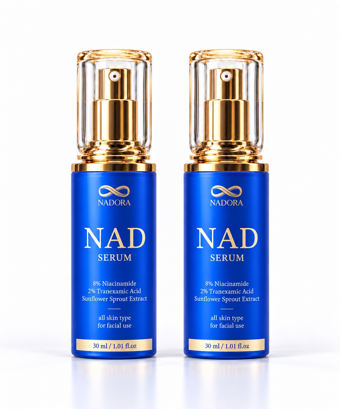 AI product visualization of two NADORA 30 ml bottles