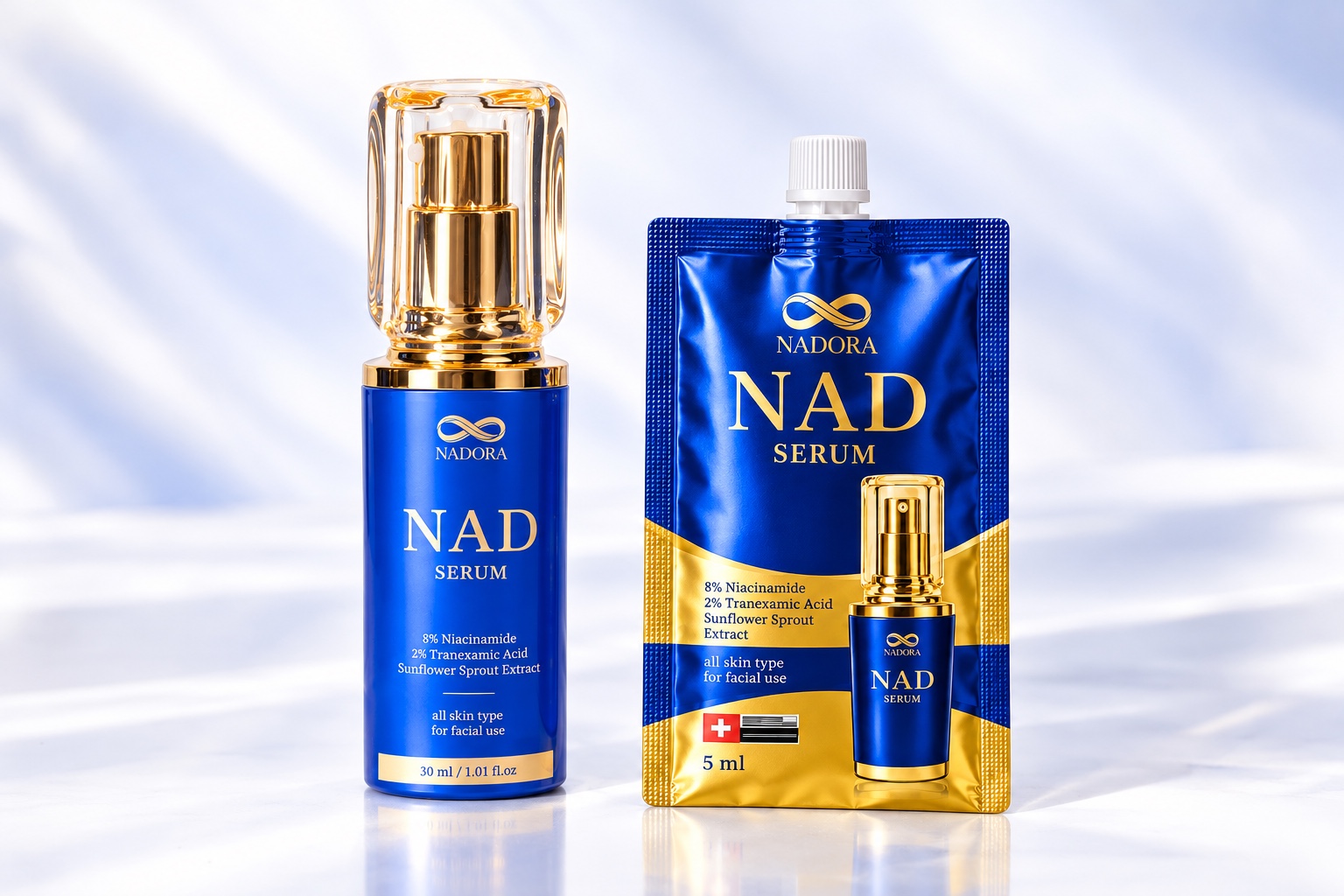 NADORA NAD SERUM bottle and sachet in a porcelain studio
