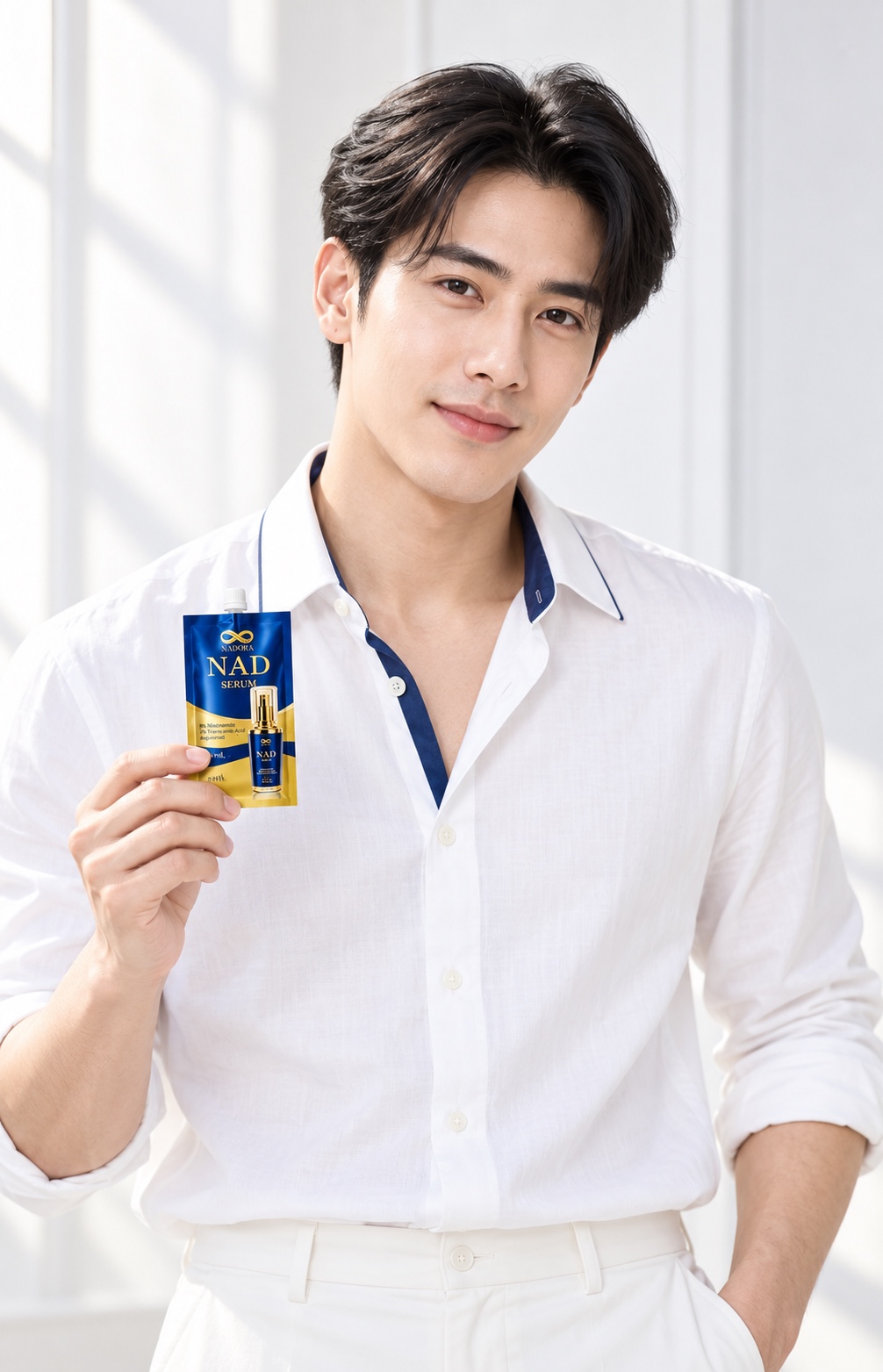 Fictional male model holding NADORA NAD SERUM 5 ml pouch