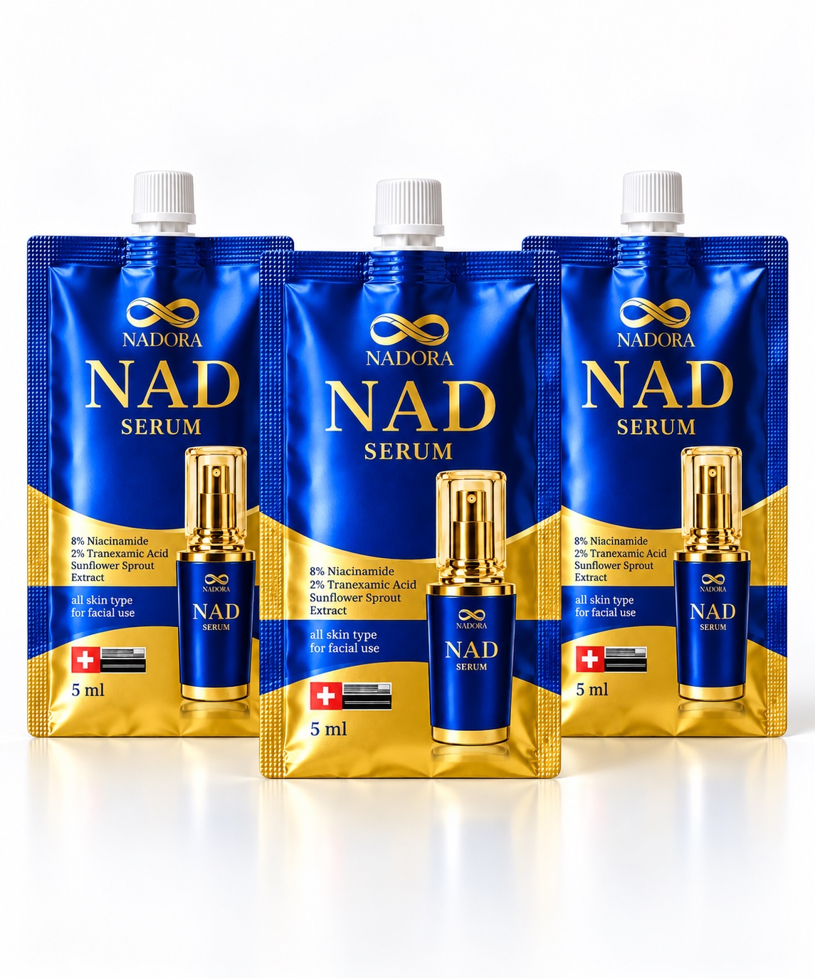 AI product visualization of three NADORA 5 ml pouches
